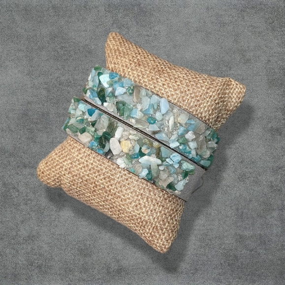 C1 Unique Natural Gemstone Double Wrap Bracelet Aqua Seafoam Green Mint Blue - Picture 15 of 17